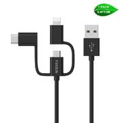 Foxsun AM001032 Multi USB Charging Cable, 6.6 FT/2M 3 in 1 Multiple USB Charger Cable with 8Pin Lightning /USB Type C/Micro USB Connector for iPhone, Samsung, LG, Nexus Smartphones and More, MFI Certified (Black)